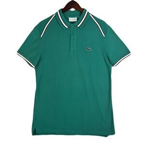 LACOSTE Green With White/Dark Blue Strip Polo casual Dress Shirt Mens Size L